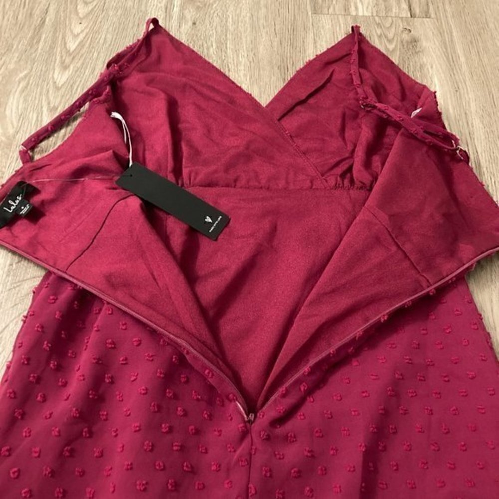 Lulu's For Us to Dance Magenta Swiss Dot Ruffled Midi Dress Size S NWT - Picture 12 of 12
